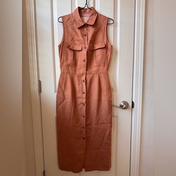 Vintage Brooks Brothers Pure Irish Linen Sleeveless Midi Dress Brown/Tan size 4 - Picture 1 of 14